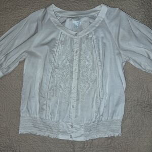 Anthropologie Cream Embroidered Button-Front Blouse